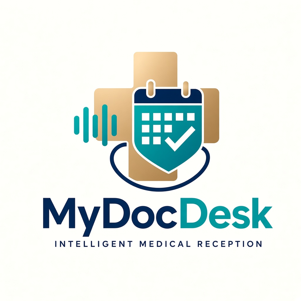 Official MyDocDesk Logo — Champagne-Gold Cross + Cyan-Teal Schedule Shield + Stethoscope Curve