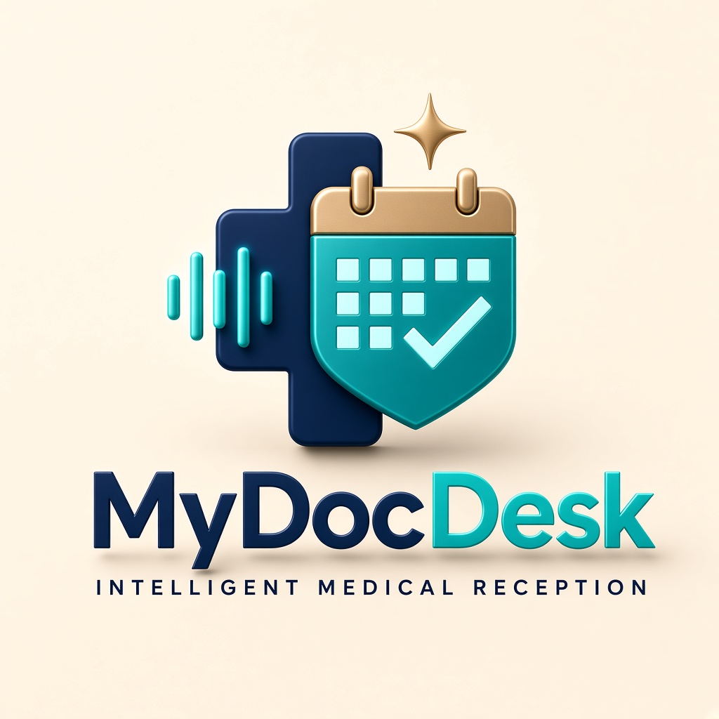 MyDocDesk Alternate Logo — Navy Cross + Gold Calendar Header & Star + Cyan-Teal Schedule Shield
